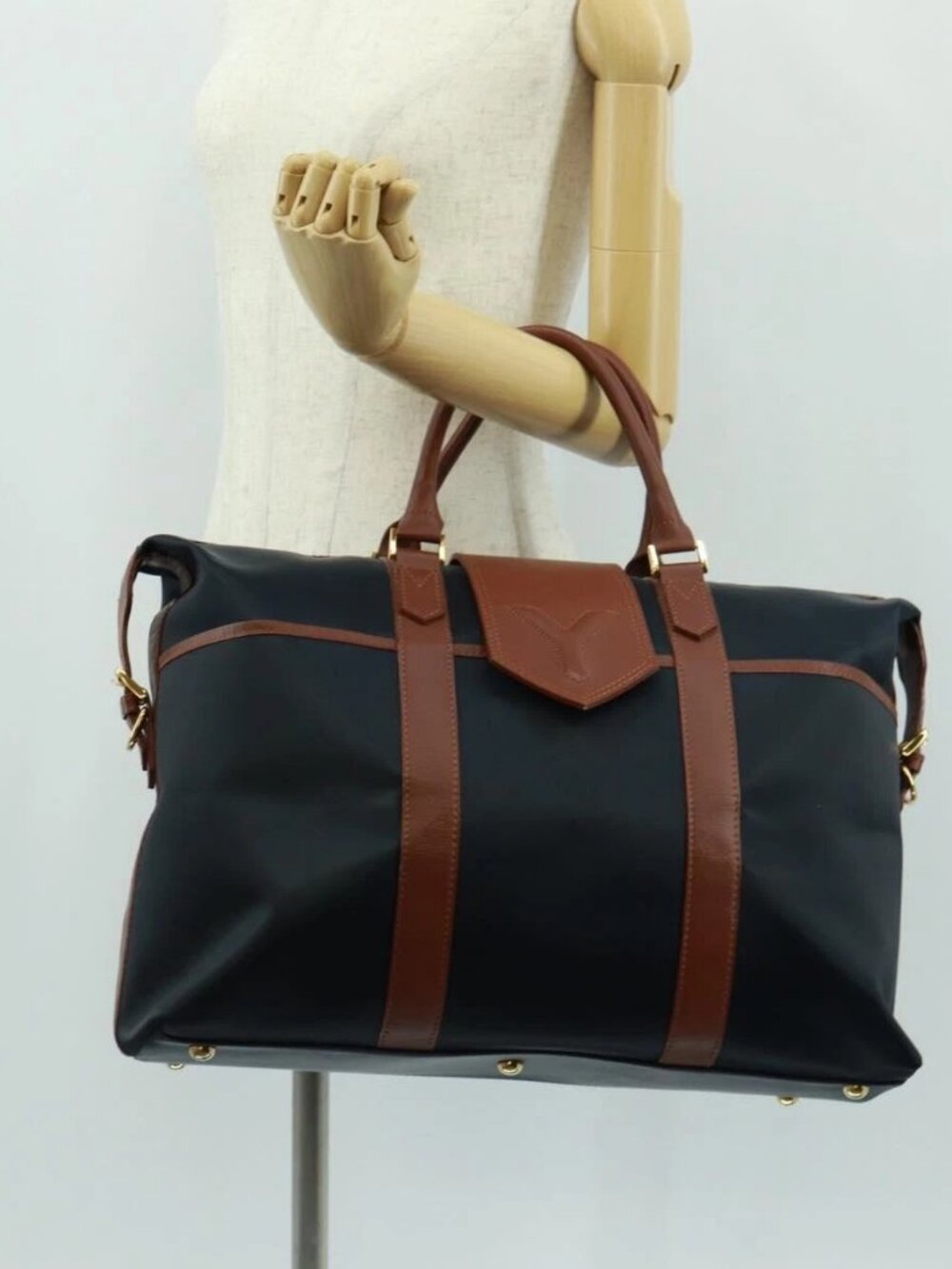 SAINT LAURENT Boston Bag Nylon Leather Navy Gold Auth bs31763 - Picture 15 of 16